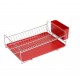 Flat stainless steel dish rack with red tray and cutlery holder